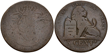 Бельгия 5 сантимов ND KM 5.1 медь 4599-324