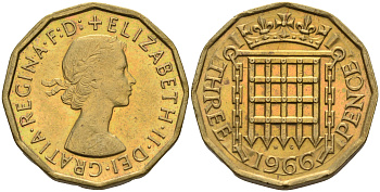 Великобритания 3 пенса 1966 Елизавета II (1952-2022) KM 900, Spink 4153 никель латунь 4592-426