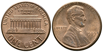 США 1 цент 1989 Линкольн KM 201b цинк плакированный медью 4608-424