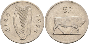 Ирландия 5 пенсов 1975 бык KM 22 медно-никель 4561-1153
