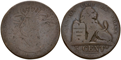 Бельгия 5 сантимов ND KM 5.1 медь 4599-324