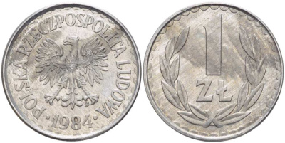 ПОЛЬША 1 ЗЛОТЫЙ 1984 MW KM 49.1, Parchimowicz 213w алюминий 4514-525