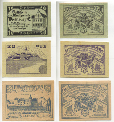 Австрия набор из 3 банкнот 1920 15 декабря 1920-30 декабря 1920, нотгельд, 10, 20, 50 геллеров, WIEFELBURG am der ERLAUF   бумага  XF 7555-6-4-1