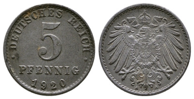 ГЕРМАНИЯ 5 ПФЕННИГОВ 1920 А KM 19, J. 297 железо 4380-153