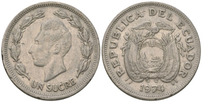 Эквадор 1 сукре 1974 KM 78b сталь плакированная никелем 4511-357