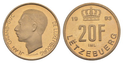 Люксембург 20 франков 1993 Великий герцог Жан (1964-2000), тираж 9.500 экземпляров KM 67 алюминиевая бронза BU 4178-732