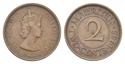 Маврикий 2 цента 1955 Елизавета II (1952-2022) KM 32 бронза 4706-721
