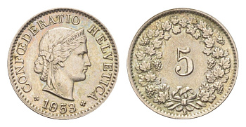 Швейцария 5 раппенов 1953 B KM 26 медно-никель 4705-1246