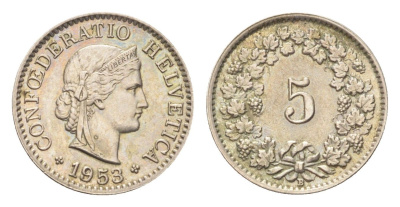 Швейцария 5 раппенов 1953 B KM 26 медно-никель 4705-1246