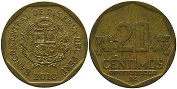 Перу 20 сентимо 2010 LIMA KM 306.4, Schon 105 латунь 4543-1221