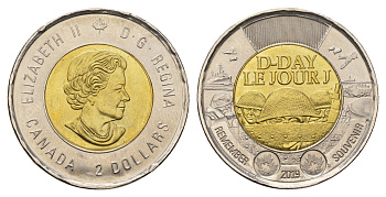 Канада 2 доллара 2019 75 лет высадке союзников в Нормандии KM 2764.1 биметалл UNC 4678-1252