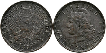 Аргентина 2 сентаво 1891 голова свободы влево KM 8 бронза 4531-1036