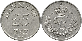 Дания 25 эре 1954 N; S, Фредерик IX (1947-1972) KM 842.1 медно-никель 28-1117