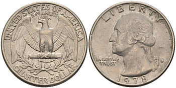 США 25 центов (квотер) 1978 D, Вашингтон КМ A164a медь плакированная медно-никелем 4573-151