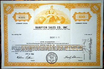 США, Hampton Sales Co., Inc 100 акций 1964 бумага 8802-81-1