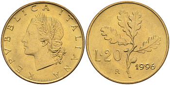 Италия 20 лир 1996 R, дубовый лист KM 97.2 алюминиевая бронза  UNC  4594-1046