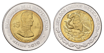 Мексика 5 песо 2008 Двухсотлетие независимости - Игнасио Лопес Район KM 894 биметалл UNC 216-1116