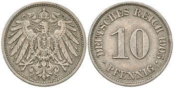 Германия 10 пфеннигов 1905 A, Вильгельм II (1888-1918) KM 12, J. 13 медно-никель 4615-748