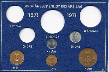 Швеция 1, 2, 5, 10, 25 эре 1971 Густав VI Адольф (1950-1973) в картоне набора монетного двора UNC 7-5-7-256