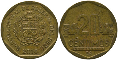 Перу 20 сентимо 2010 LIMA KM 306.4, Schon 105 латунь 4543-1221