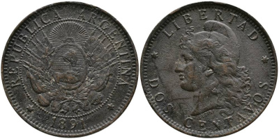 Аргентина 2 сентаво 1891 голова свободы влево KM 8 бронза 4531-1036
