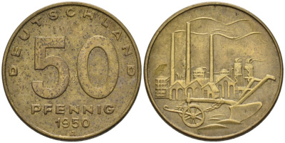 ГДР 50 пфеннигов 1950 А, фабрика KM 4 алюминиевая бронза 4575-454