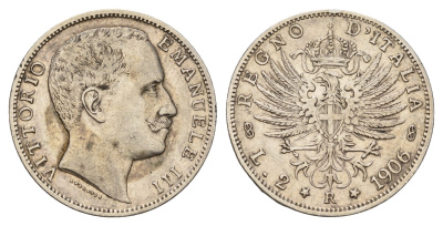 Италия 2 лиры 1906 R, Виктор Эммануил III (1900-1946) KM 33 серебро 413-2125