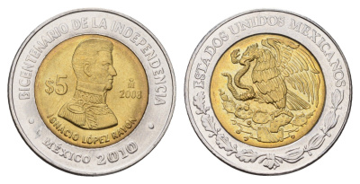 Мексика 5 песо 2008 Двухсотлетие независимости - Игнасио Лопес Район KM 894 биметалл UNC 216-1116