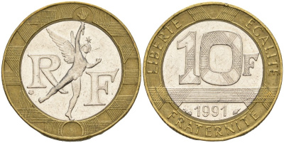 Франция 10 франков 1991 тип гений Бастилии KM 964.1, Le Frank 375.6 биметалл 4606-717