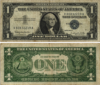 США 1 ДОЛЛАР 1957 В, ВАШИНГТОН, СИНЯЯ ПЕЧАТЬ, V-A Pick 419b бумага 8605-13-1-2