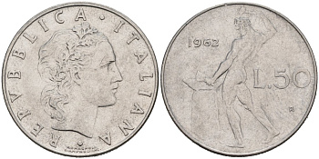 Италия 50 лир 1962 R, Бог огня Вулкан у наковальни KM 95.1 нержавеющая сталь 4571-522