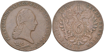 Австрия 6 крейцеров 1800 C, редкий монетный двор, Франц II (Франц Иосиф Карл) (1792-1806) KM 2128 медь 4157-1234