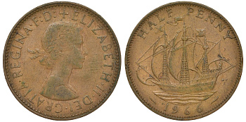 Великобритания 1/2 пенни 1966 Елизавета II (1952-2022) KM 896, Spink 4158 бронза 72-242