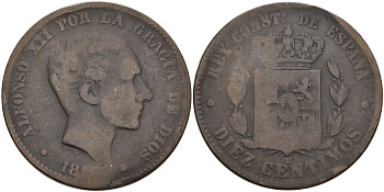 Испания 10 сентимо ND (1877-1879) Альфонсо XII (1875 - 1885) KM 675 бронза 4155-157