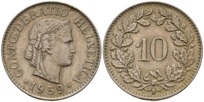 Швейцария 10 раппенов 1959 B KM 27 медно-никель 4189-355