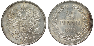 Россия для Финляндии 25 пенни 1916 S, Николай II (1894-1917) KM 6.2, Биткин 421 серебро 75-1264