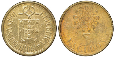 Португалия 5 эскудо 1991 KM 632 никель латунь 51-1732