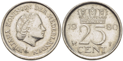 НИДЕРЛАНДЫ 25 ЦЕНТОВ 1980 ЮЛИАНА KM 183 никель 4392-557