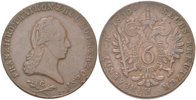 Австрия 6 крейцеров 1800 C, редкий монетный двор, Франц II (Франц Иосиф Карл) (1792-1806) KM 2128 медь 4157-1234
