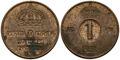 Швеция 1 эре 1959 Густав VI Адольф (1950-1973) KM 820 бронза 4154-737