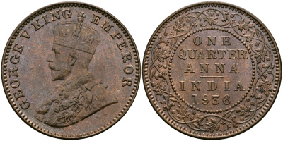 Британская Индия 1/4 анна 1936 Георг V (1910-1936) KM 512 бронза UNC 94-255