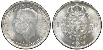 Швеция 1 крона 1945 G, Густав V (1907-1950) KM 814 серебро 4178-713