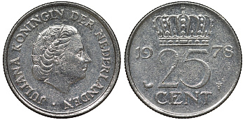 Нидерланды 25 центов 1978 Юлиана (1948-1980) KM 183 никель 4122-123