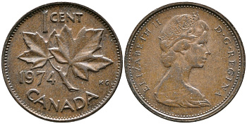 Канада 1 цент 1974 Елизавета II (1952-2022), кленовый лист KM 59.1 бронза 4528-739