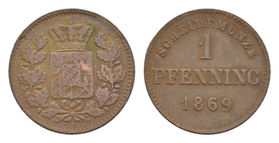 Бавария 1 пфенниг 1869 Людвиг II (1864-1886) KM 856 медь 4649-464