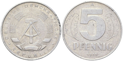 ГДР 5 пфеннигов 1975 A KM 9.1 алюминий 4613-946