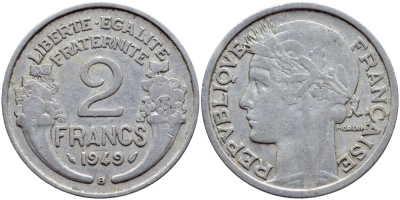Франция 2 франка 1949 В, тип Morlon KM 886а.2, Le Franc 269.15 алюминий 4397-753