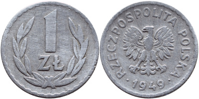 ПОЛЬША 1 ЗЛОТЫЙ 1949 KM 45а алюминий 4390-354