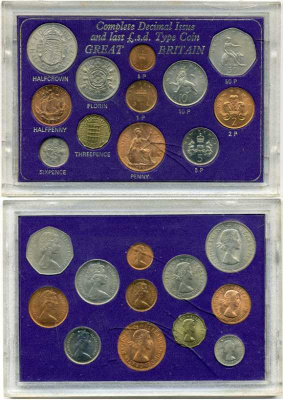 Великобритания набор из 12 монет 1967-1977 переход с двенадцатеричной денежной системы на десятичную, в пластиковой упаковке UNC 3-6-4-6