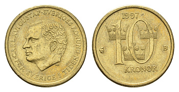 Швеция 10 крон 1997 Карл XVI Густав (1973-), редкий год KM 877 нордик 4657-1213